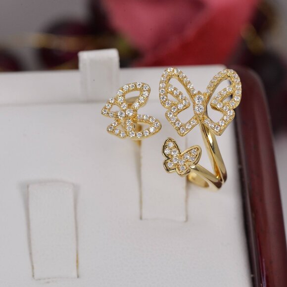 Certified Fully Iced Moissanite Butterfly Ring 925 Sterling YG - Picture 5 of 7